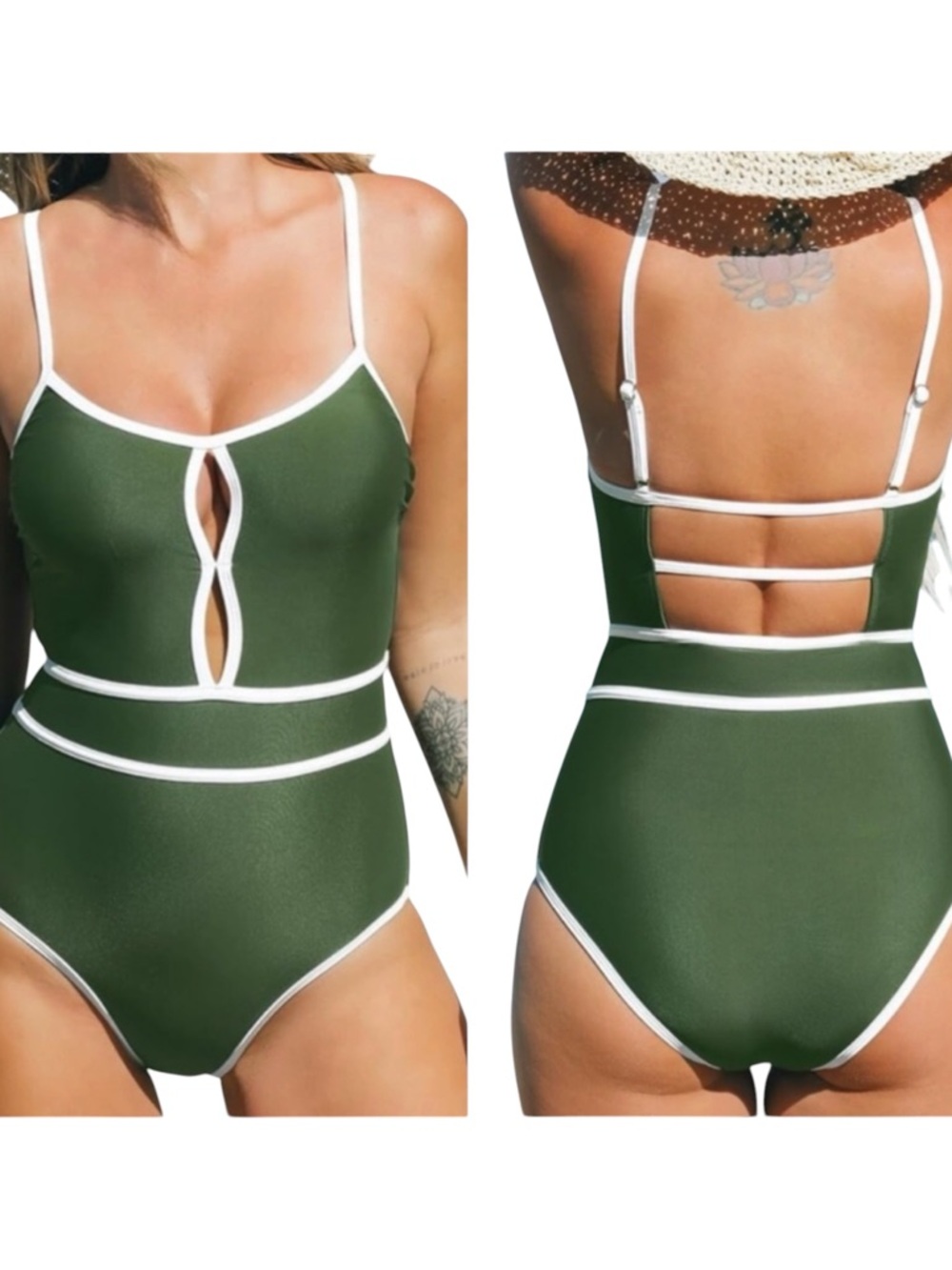 Cupshe Olive Green One-Piece Swimsuit Color Block Keyhole Small NWT
